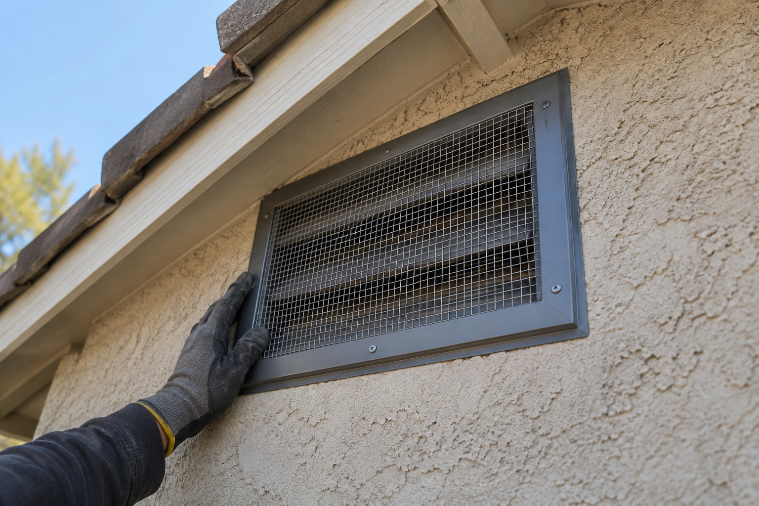 Installer fitting an ember-resistant attic vent with fine metal mesh on a stucco wall