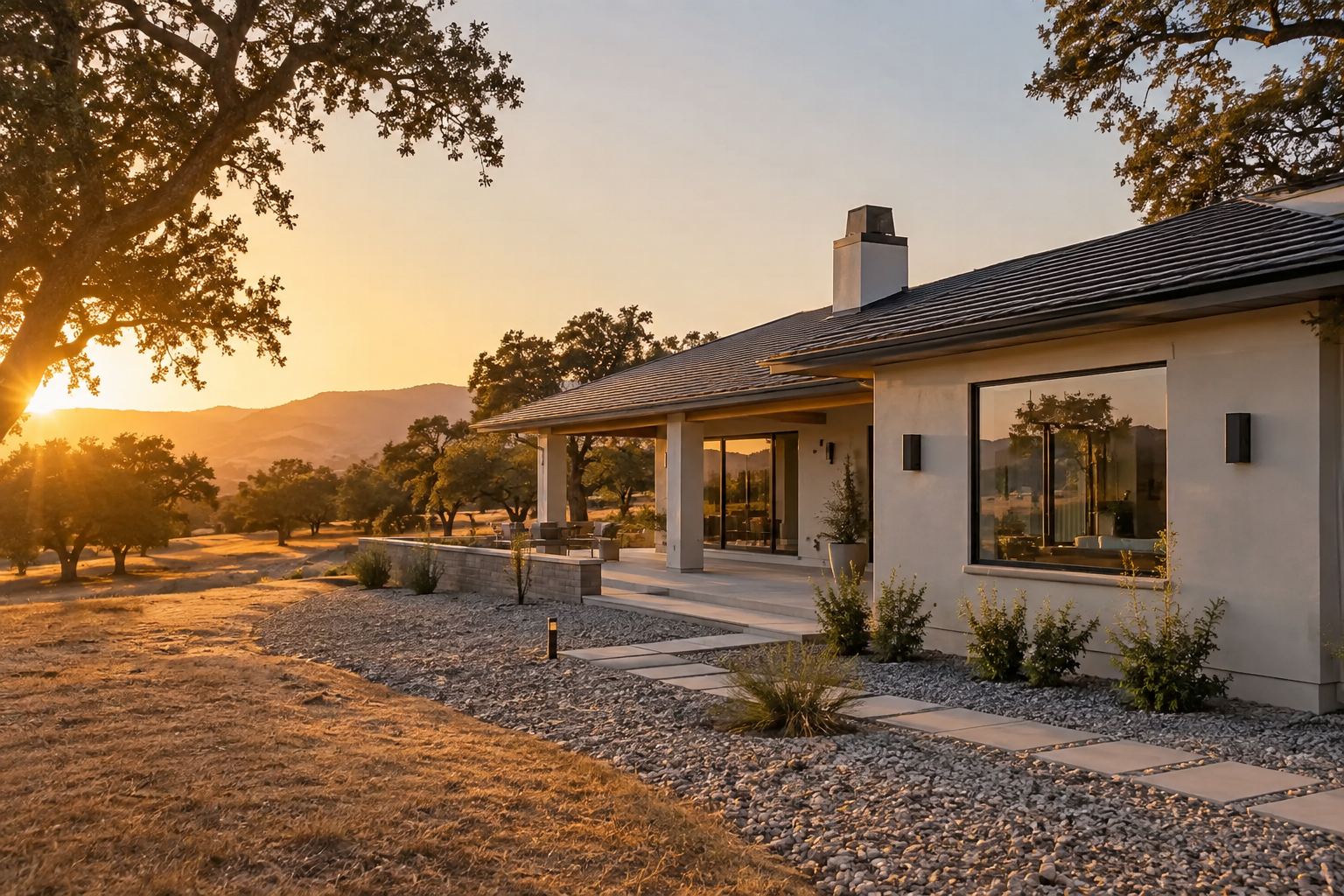 Hardened California foothill home at golden hour with defensible space and a noncombustible perimeter