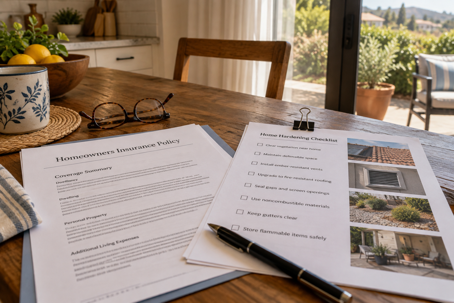 Homeowner's insurance policy next to a home hardening checklist with job photos