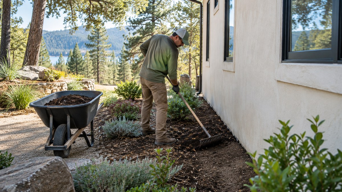Combustible bark mulch being cleared from against a house foundation