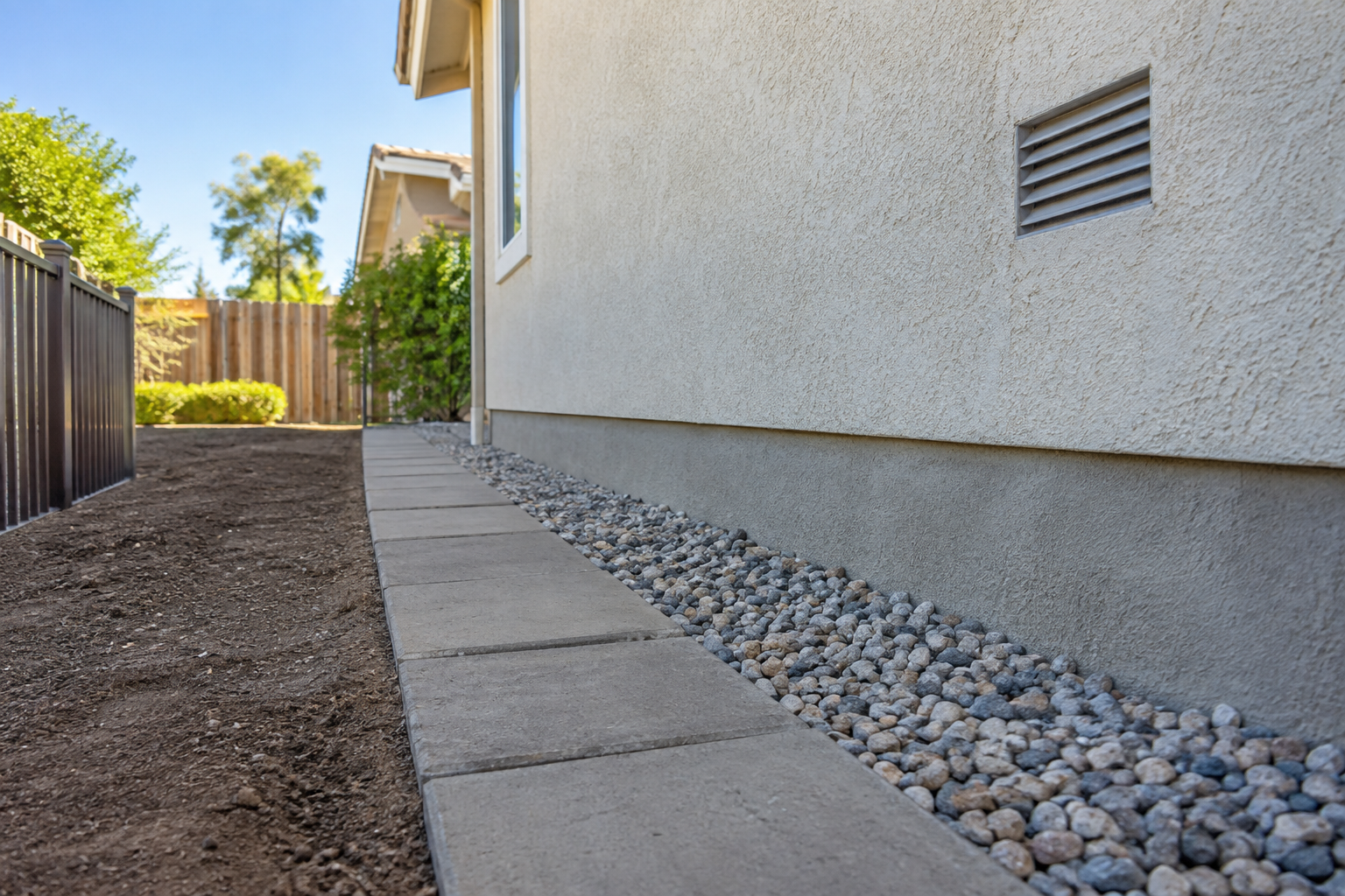 First five feet around a home foundation converted to gravel and pavers for Zone 0 compliance
