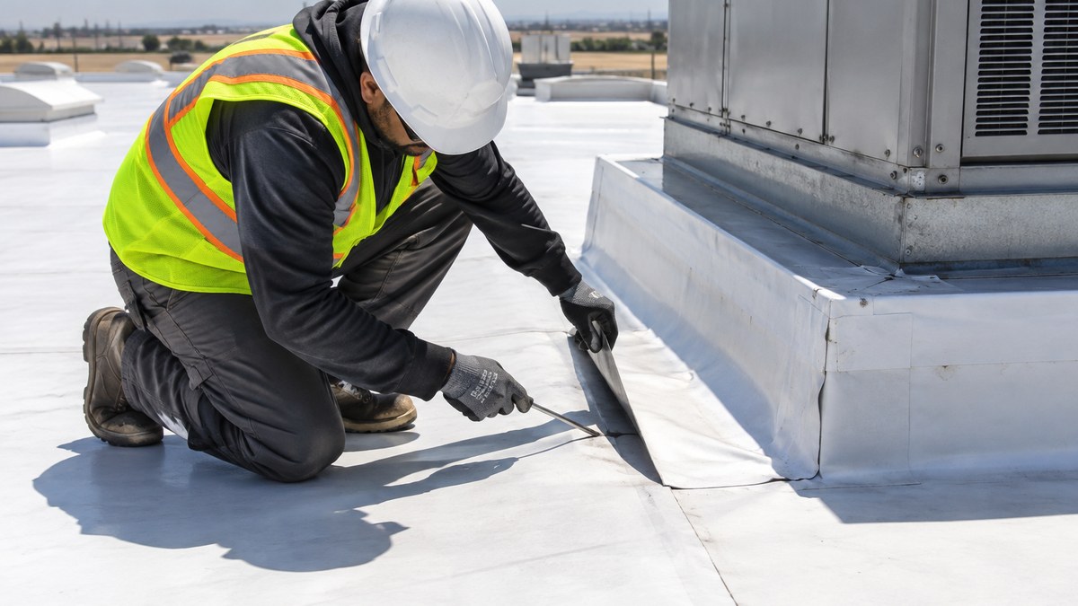 Technician inspecting an open seam and a rooftop HVAC curb flashing on a TPO roof