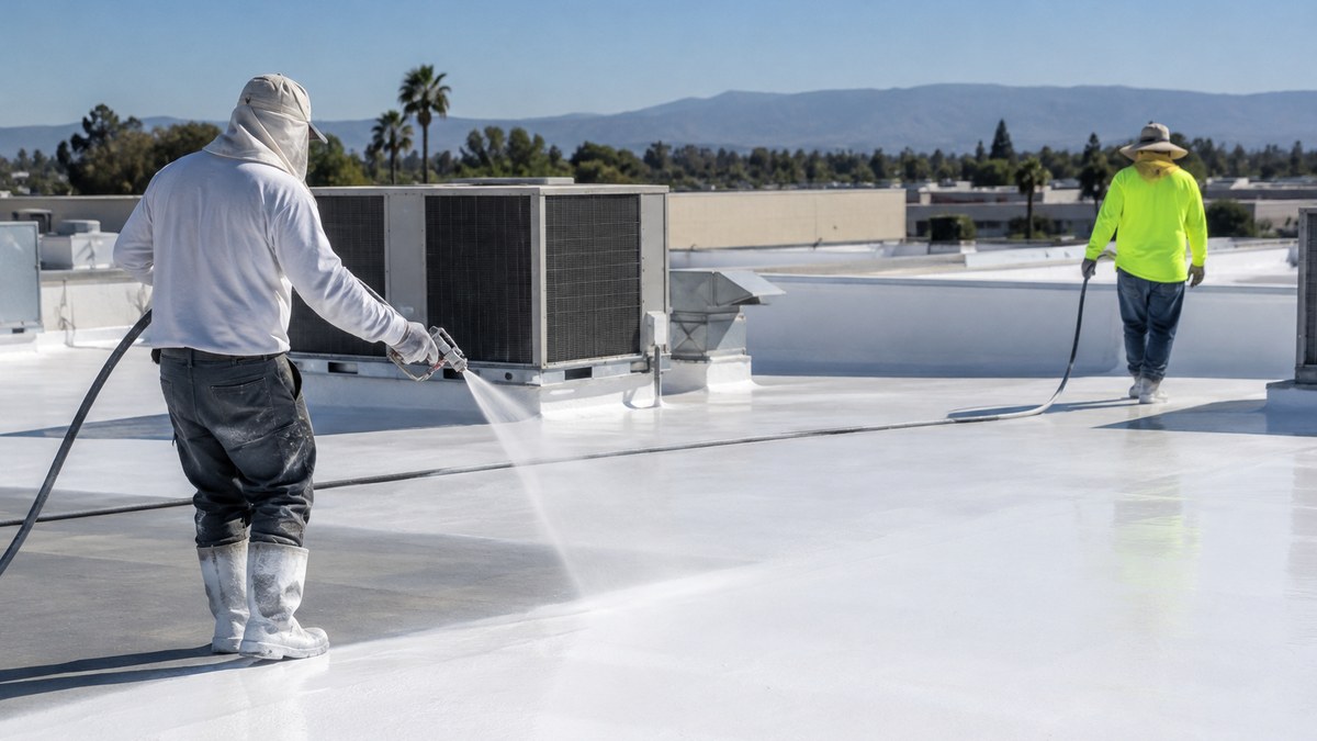 Crew spray-applying a white silicone coating across a large commercial flat roof
