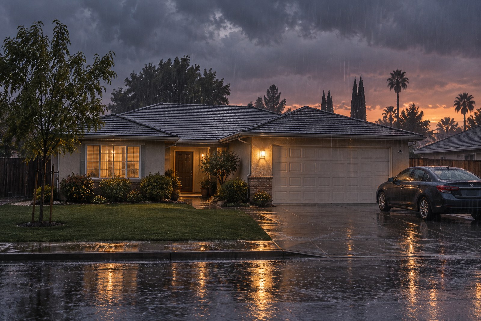 Magazine-style cover image: rain on a Fresno rooftop at night with a headline about roof leaks