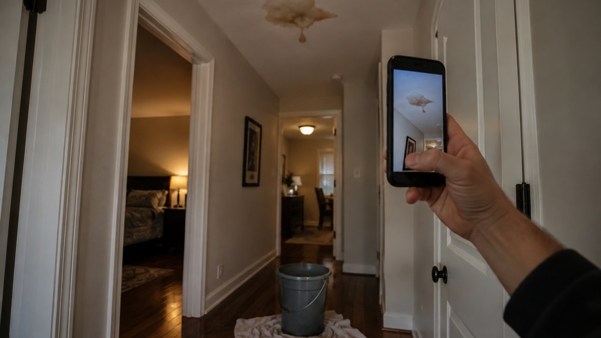 Homeowner placing a bucket under a ceiling drip while photographing the water stain