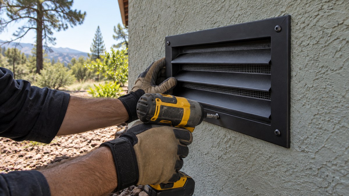 Ember-resistant attic vent installed on the exterior wall of a foothill home