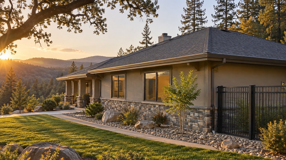 Hardened Sierra foothill home at golden hour with Class A roof and gravel perimeter