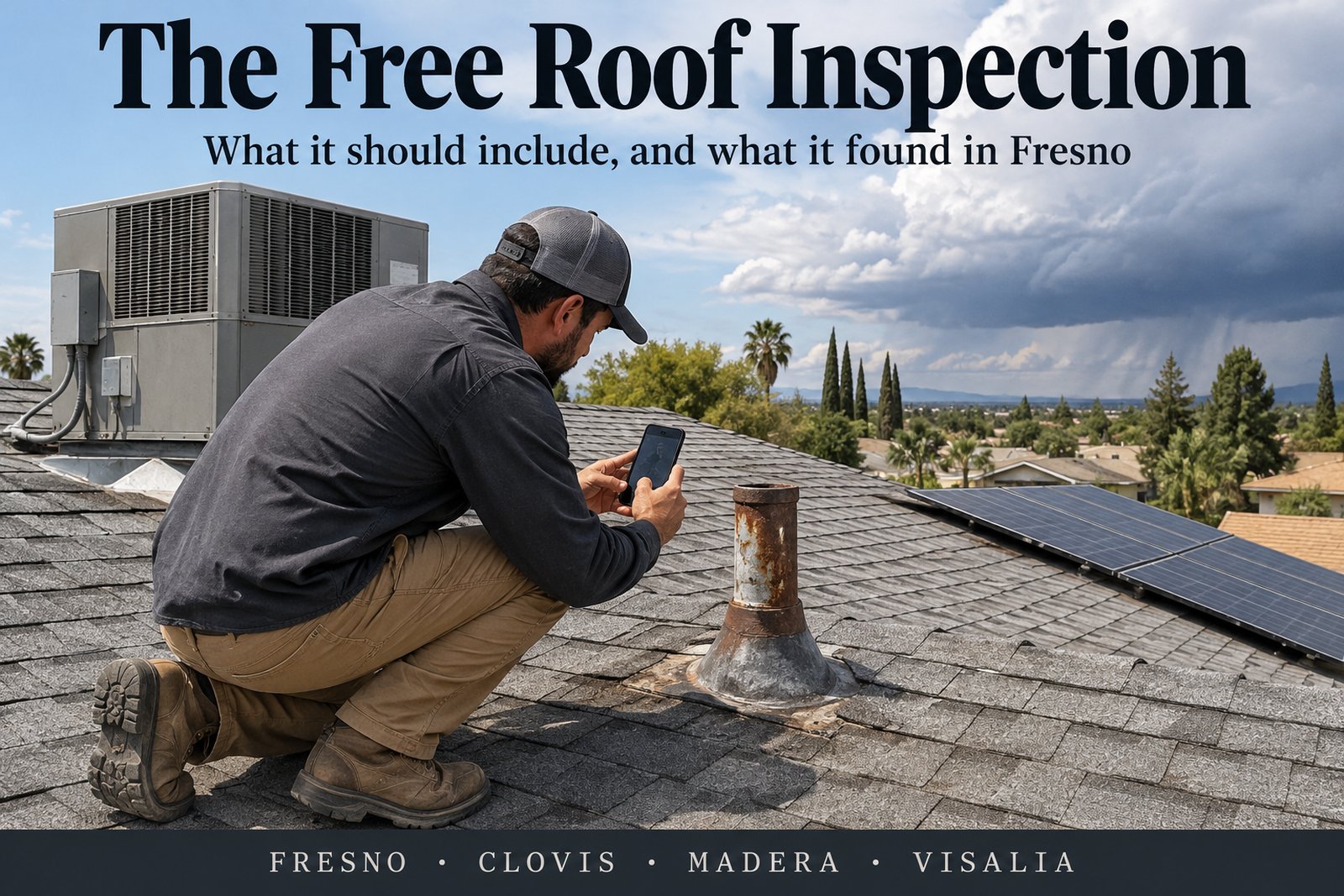 Magazine-style cover: a roofer kneeling on a gray shingle roof photographing a rusted pipe flashing, with a rooftop heat pump, solar panels and rain clouds over Central Valley trees, and the headline The Free Roof Inspection
