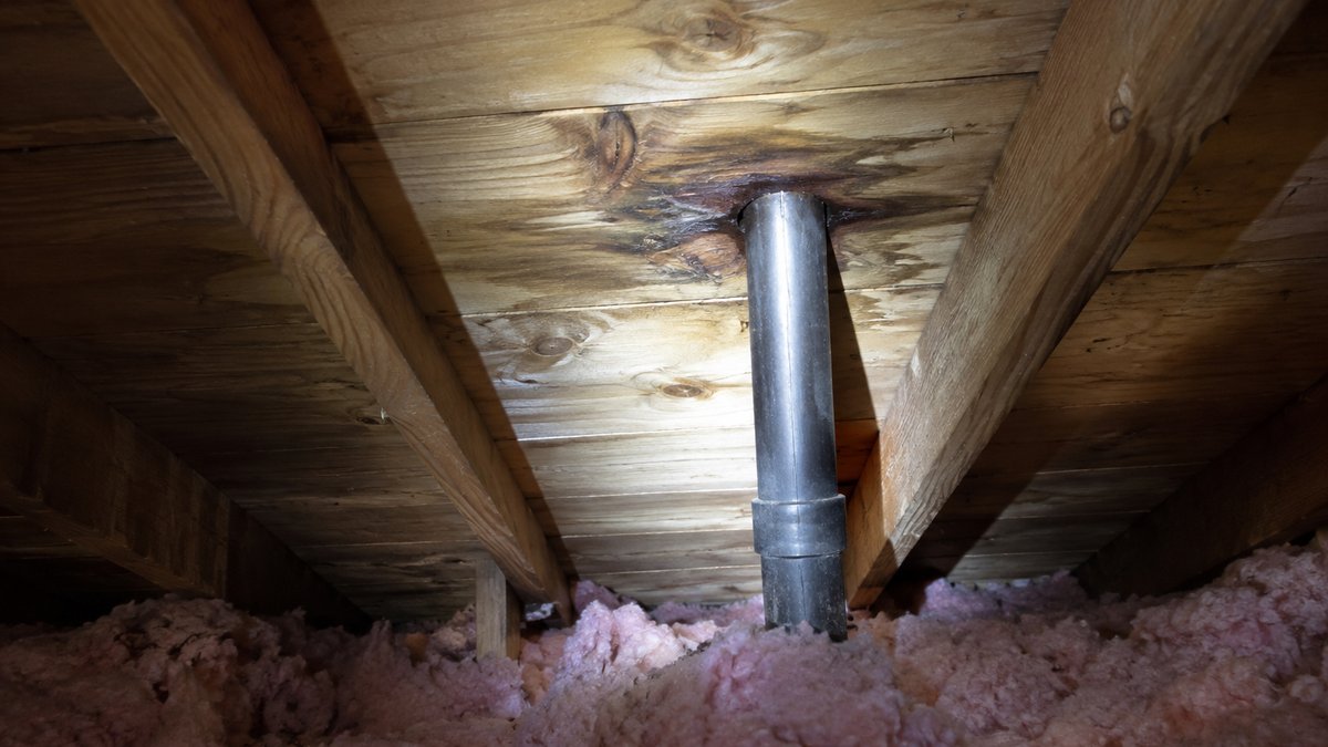 Flashlight beam in an attic showing a water stain on the roof decking around a plumbing vent pipe above pink insulation
