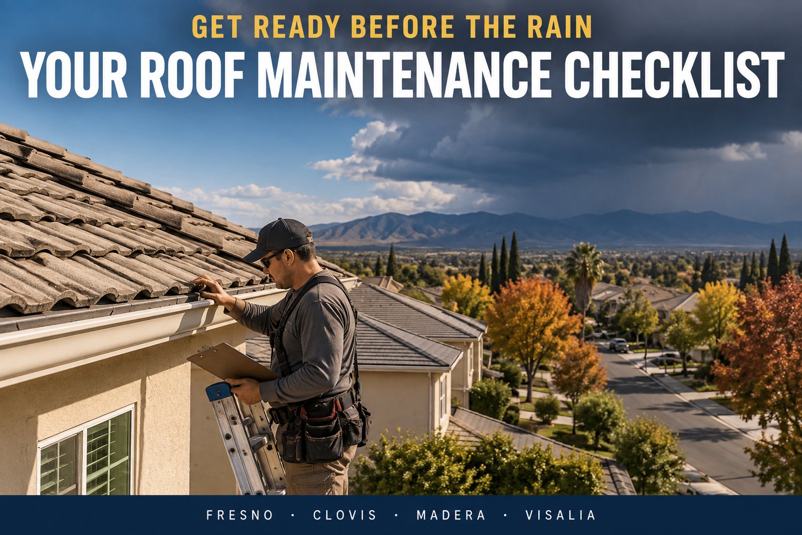 Magazine-style cover: a roofer with a clipboard checking the gutter line of a tile roof on a sunny autumn day, storm clouds building over the foothills, with the headline Your Roof Maintenance Checklist