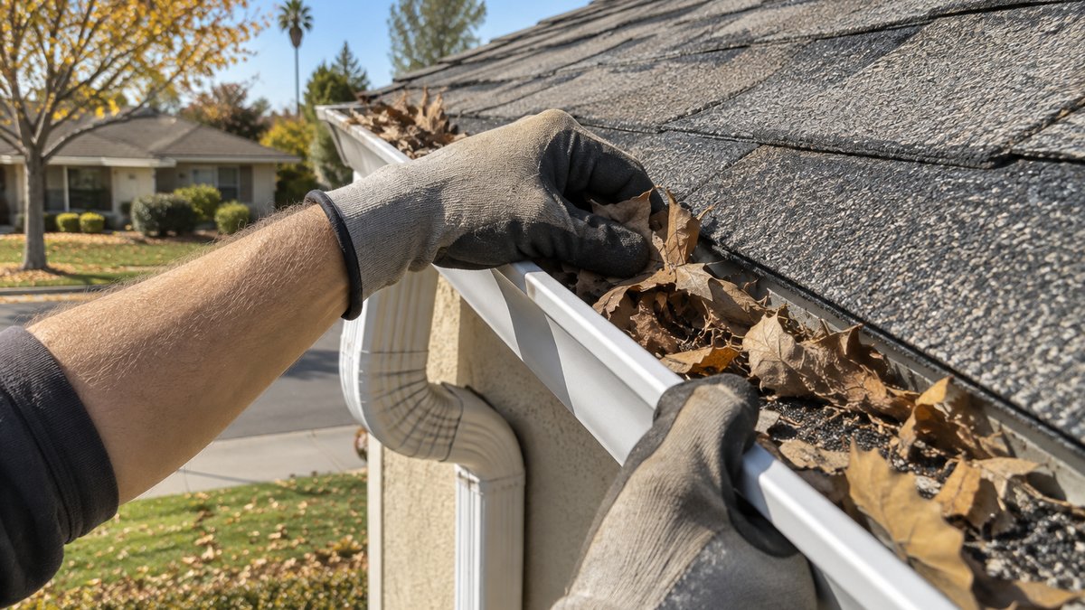 Gloved hands clearing dry leaves and granules out of a white rain gutter on a single-story California home