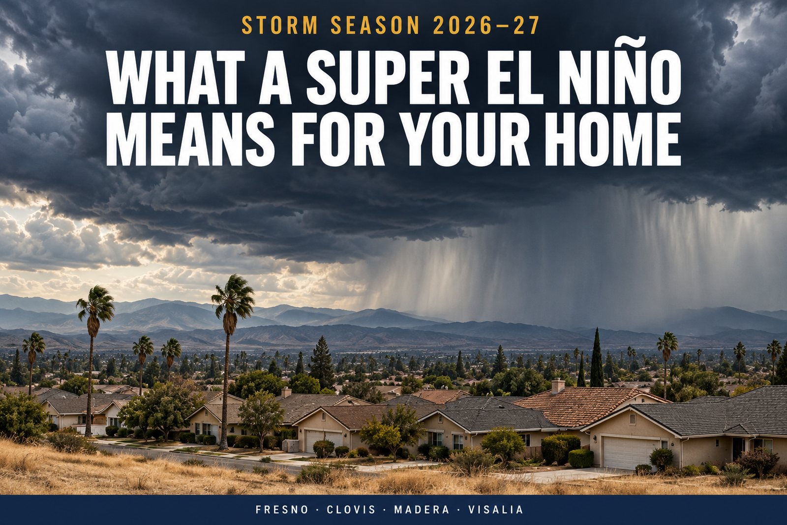 Magazine-style cover: storm clouds building over Central Valley rooftops with a headline about the super El Niño