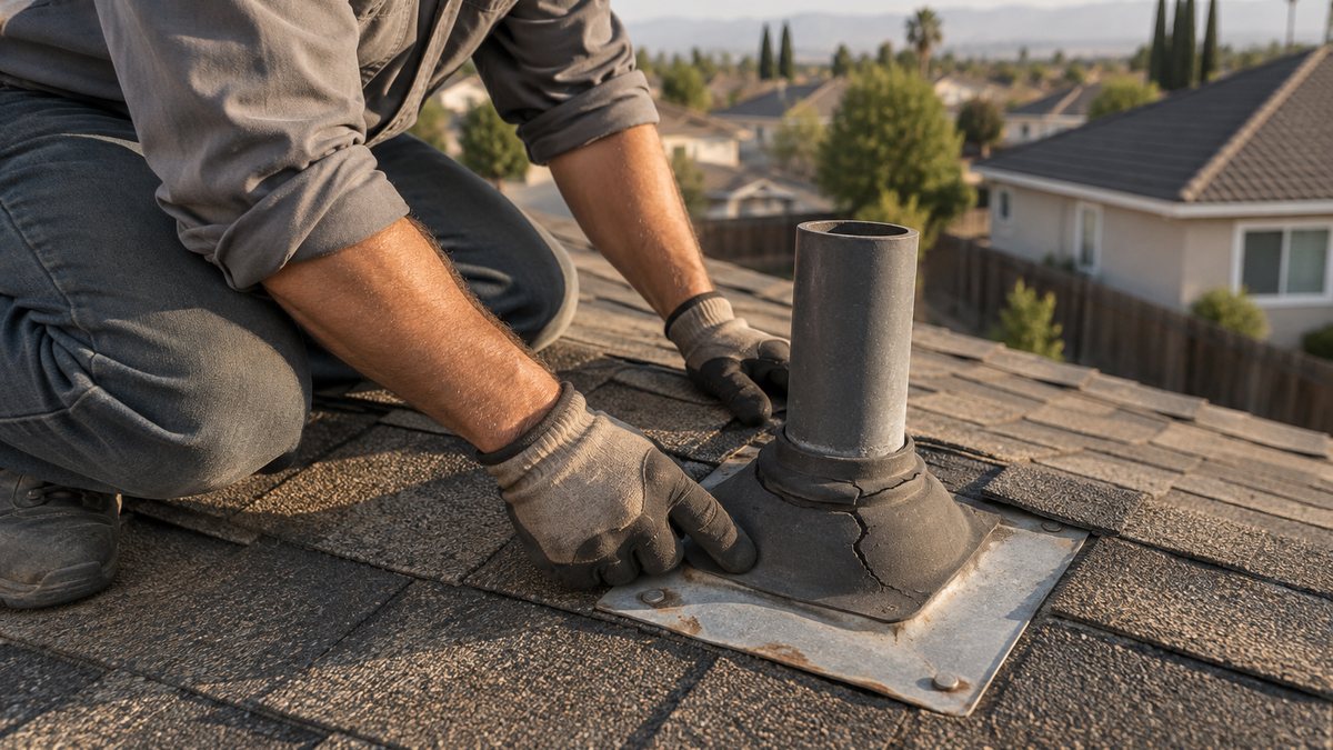 Roofer inspecting a pipe vent boot and flashing on a dry asphalt shingle roof in the Central Valley