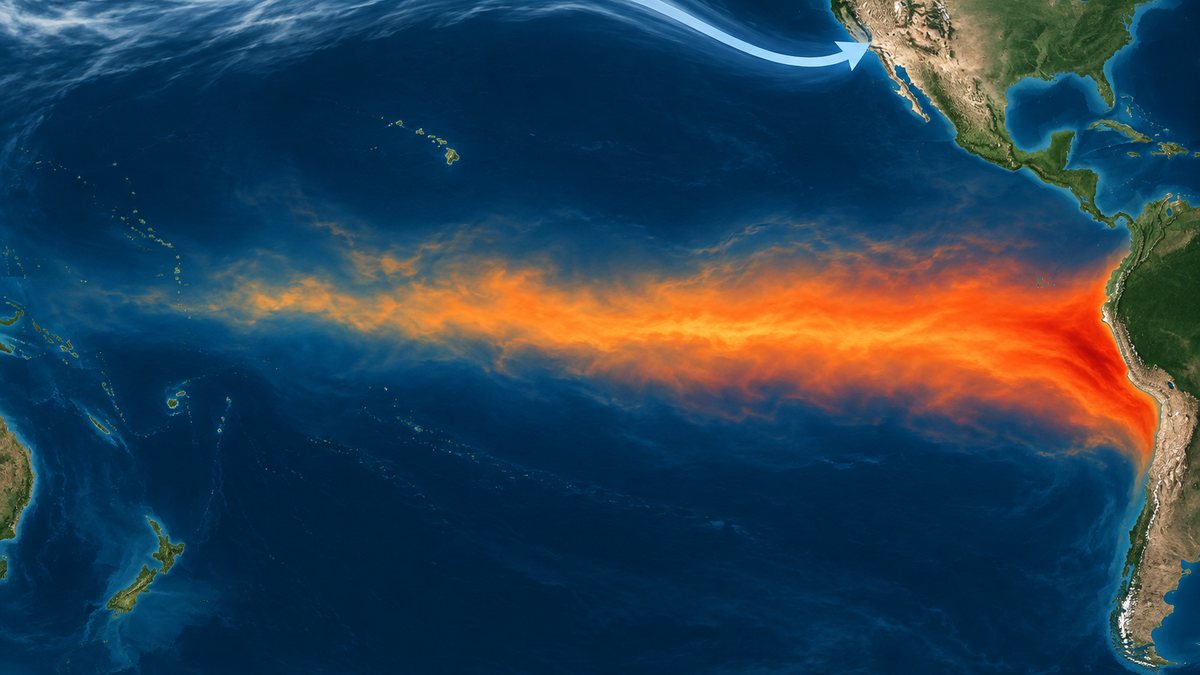 Illustrated map of the Pacific Ocean showing a band of warm water along the equator reaching toward South America