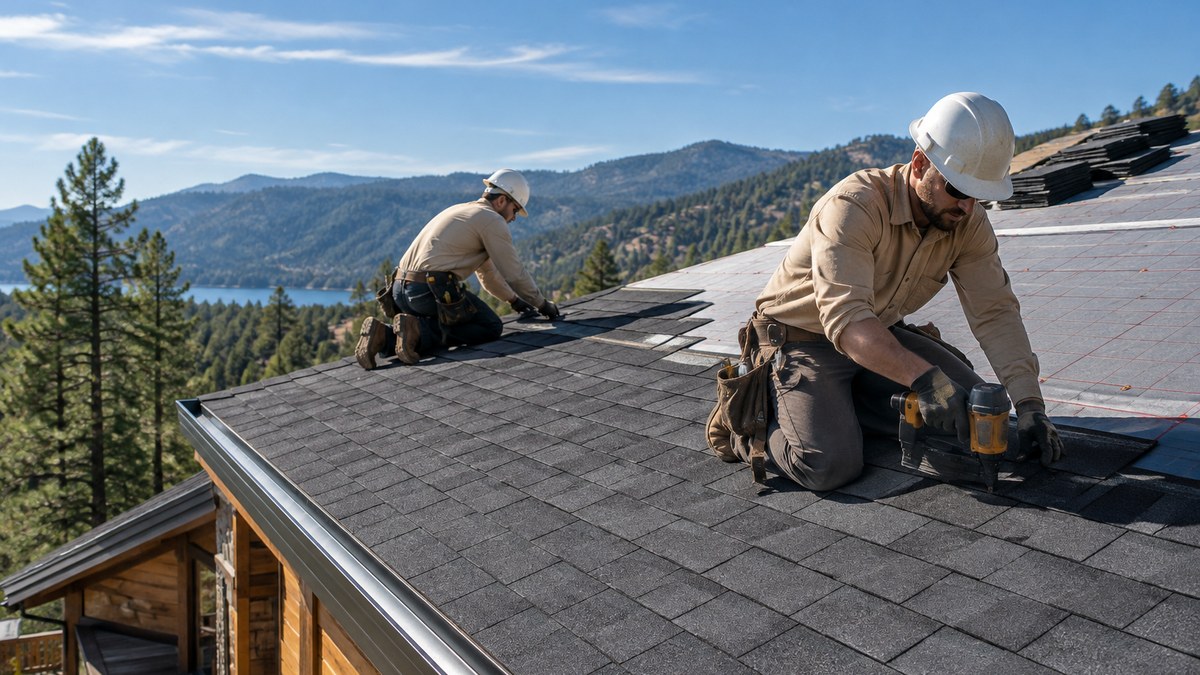 Roofing crew installing a Class A fire-rated shingle roof on a Sierra foothill home