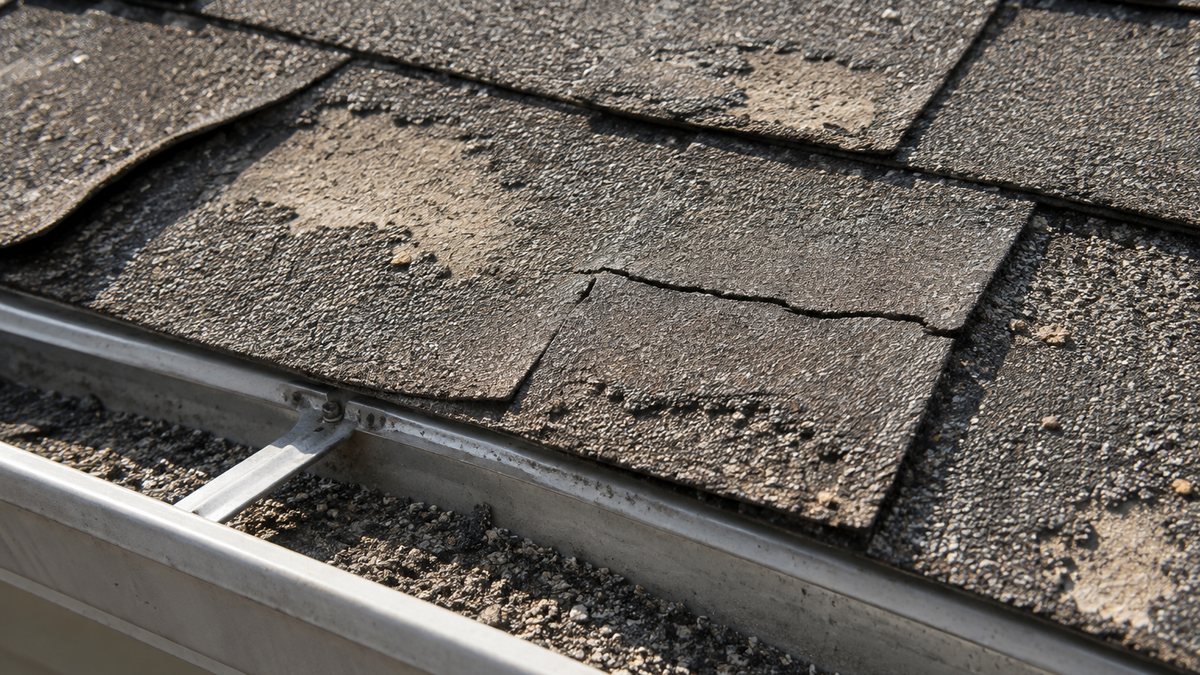 Close-up of curling, granule-bare asphalt shingles on a sun-baked Central Valley roof