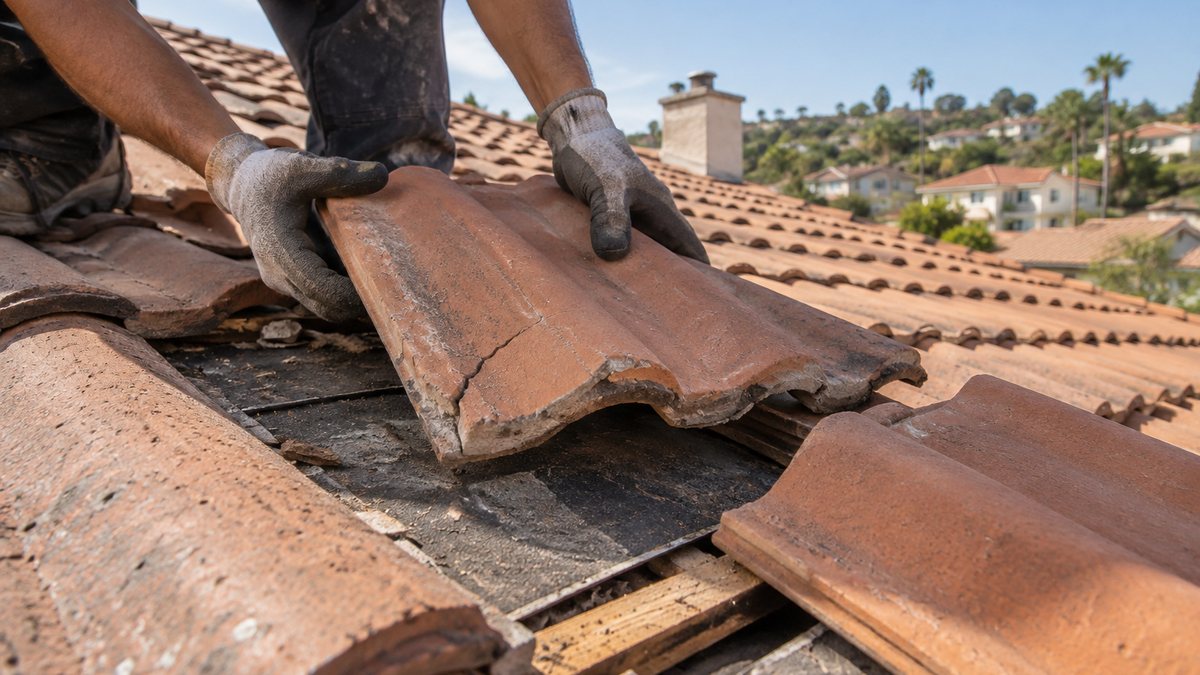 Roofer on a dry concrete tile roof replacing a cracked tile and checking the underlayment